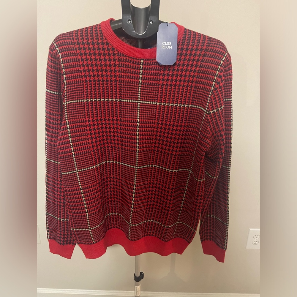 Club Room Men's Red Houndstooth Plaid Sweater